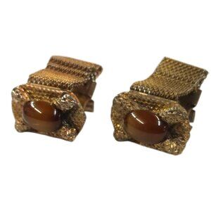 Vintage Cats Eye Chainmail Cufflinks Rectangle Bronze Tone Men Brown MCM Jewelry